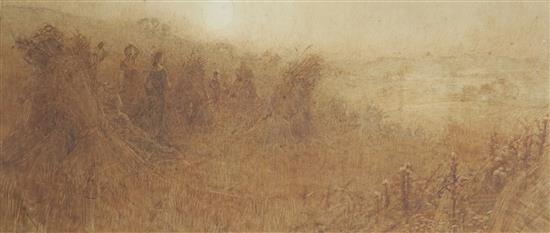 After J A M Whistler, watercolour, Women gathering the harvest